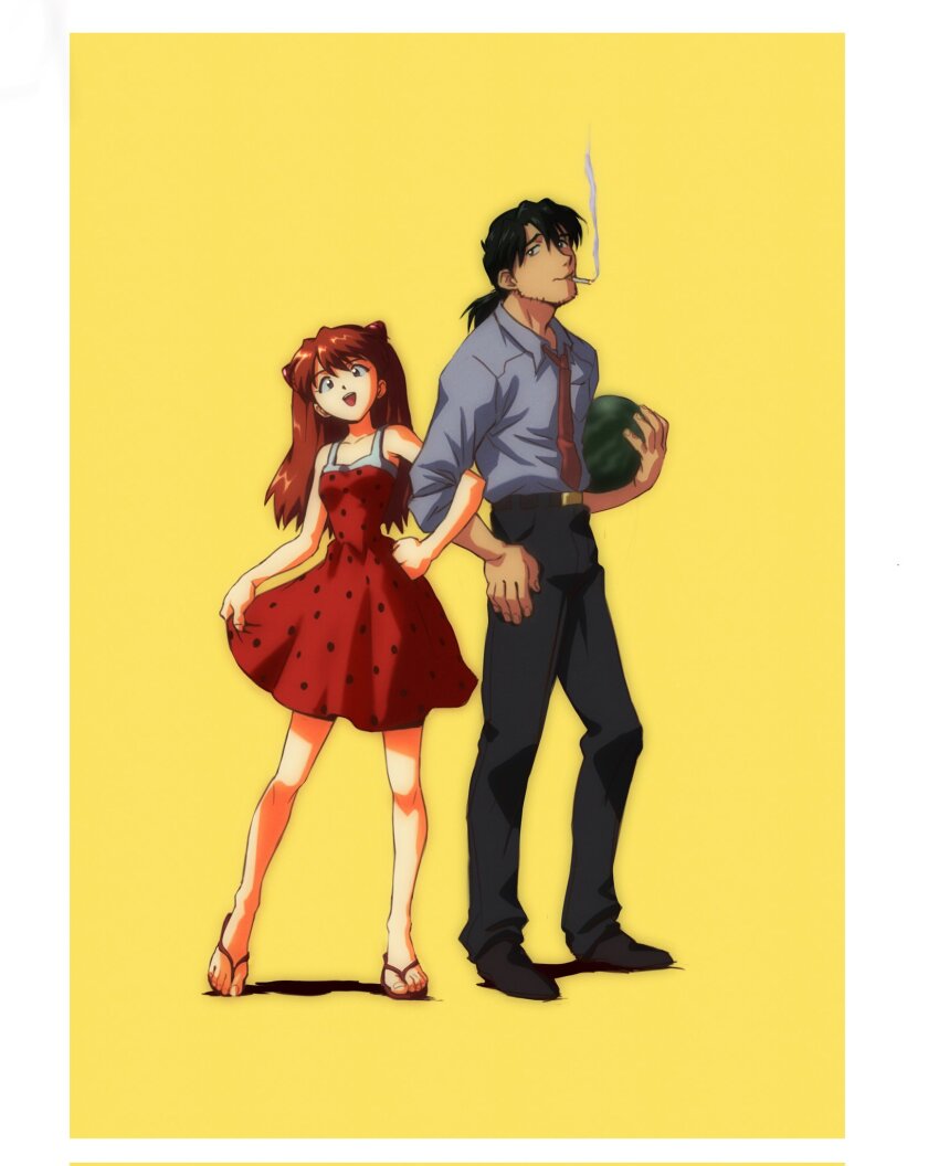 1boy 1girl amondetauro beard_stubble black_hair black_pants blue_shirt border cigar commentary dress facial_hair flip-flops food fruit full_body highres interface_headset_(evangelion) kaji_ryouji locked_arms looking_at_viewer low_ponytail necktie neon_genesis_evangelion open_mouth orange_hair pants ponytail red_dress red_necktie sandals shirt simple_background sleeveless sleeveless_dress smile smoking souryuu_asuka_langley standing stubble watermelon white_border yellow_background