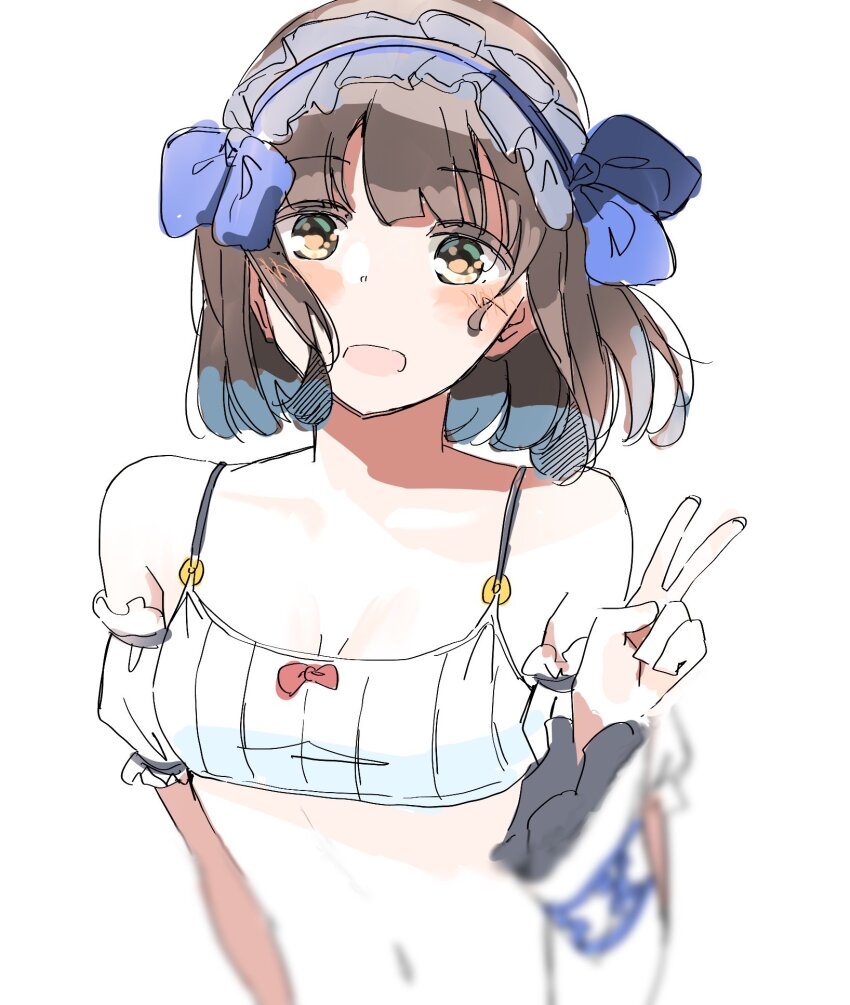 1girl arm_at_side bare_shoulders bikini blue_bow blurry blush bow breasts brown_eyes brown_hair cleavage collarbone commentary_request depth_of_field hairband harukana_receive higa_kanata highres lace-trimmed_hairband lace_trim looking_at_viewer navel nyoijizai open_mouth short_hair simple_background sketch small_breasts solo swimsuit upper_body v white_background wide_sleeves