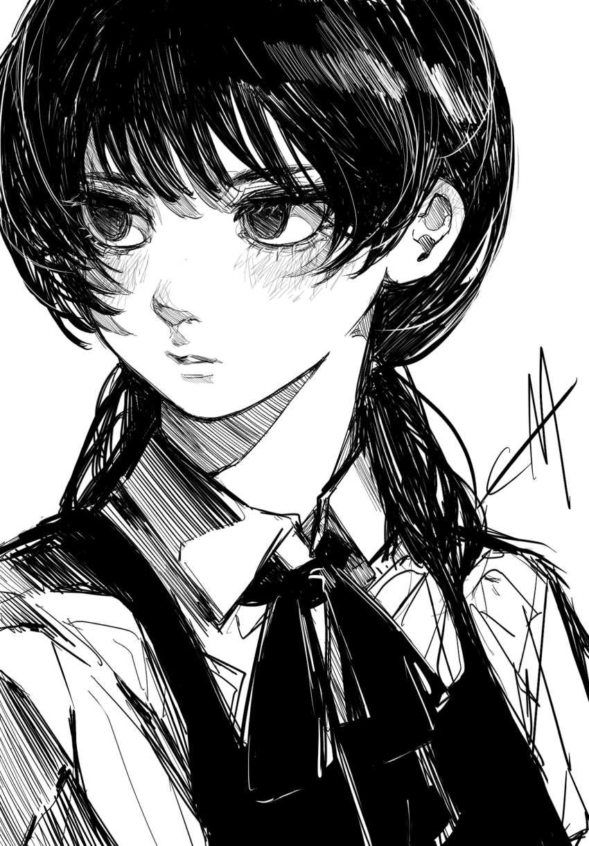 1girl chainsaw_man collared_shirt dress ema_ema39 fourth_east_high_school_uniform greyscale highres low_twintails mitaka_asa monochrome neck_ribbon parted_lips pinafore_dress ribbon school_uniform shirt sleeveless sleeveless_dress solo twintails upper_body