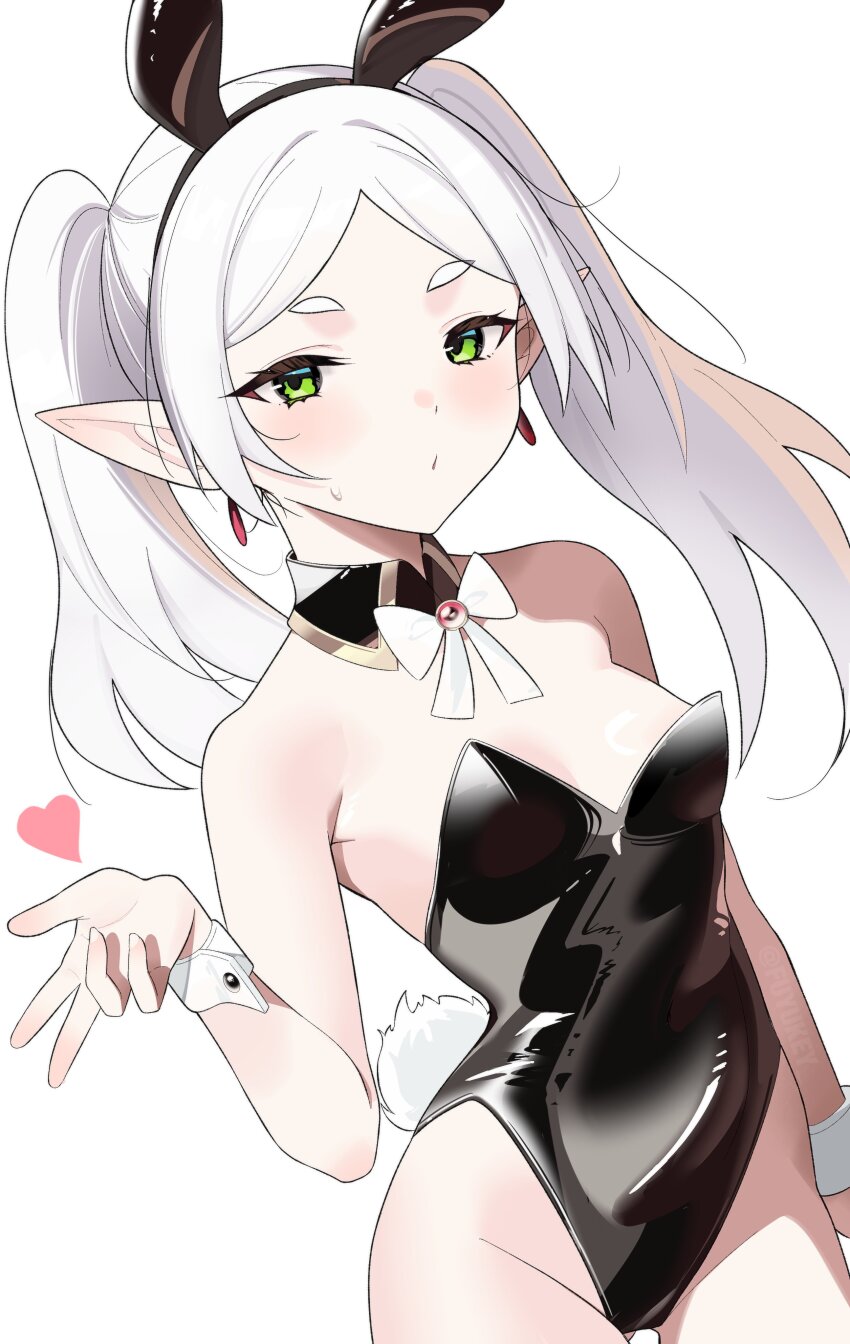 1girl absurdres animal_ears bare_shoulders black_leotard blowing_kiss blush bow bowtie breasts covered_navel detached_collar dutch_angle elf fake_animal_ears fake_tail floating_hair frieren frieren_blowing_a_kiss fuyukey green_eyes highleg highleg_leotard highres leotard long_hair out_of_frame parted_bangs pointy_ears simple_background small_breasts solo sousou_no_frieren tail thick_eyebrows thigh_gap twintails upper_body white_background white_hair wrist_cuffs