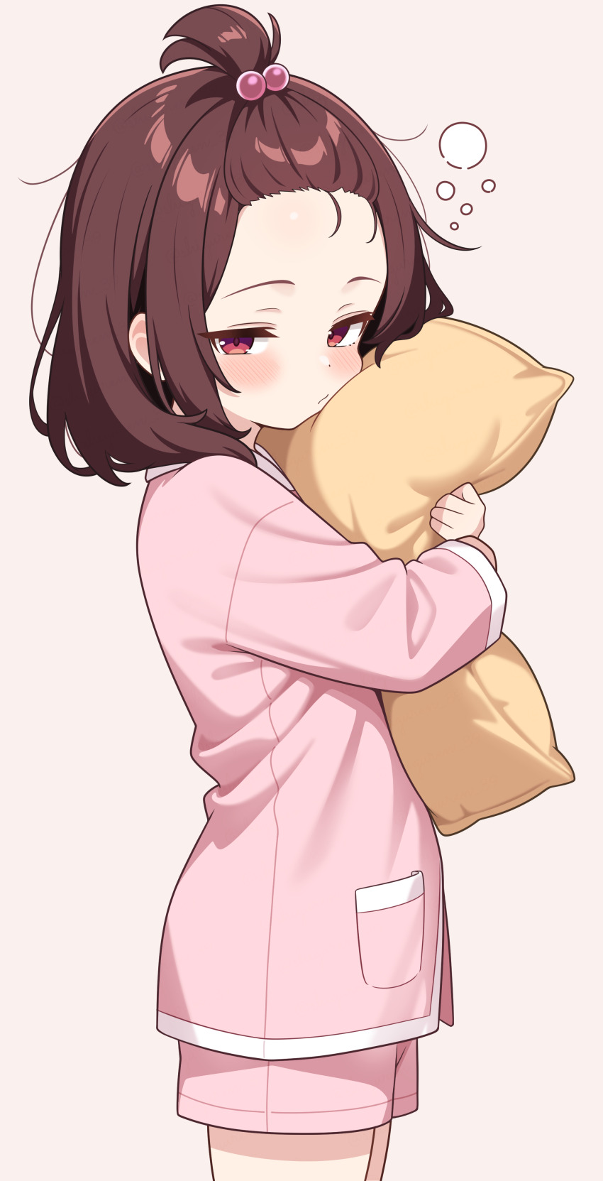 1girl absurdres bangs_pinned_back brown_hair closed_mouth commentary_request cowboy_shot forehead hair_bobbles hair_ornament highres hugging_object long_sleeves medium_hair pajamas pillow pillow_hug pink_pajamas pink_shirt pink_shorts red_eyes shiguren_39 shirt short_shorts shorts simple_background solo touhoku_kiritan voiceroid