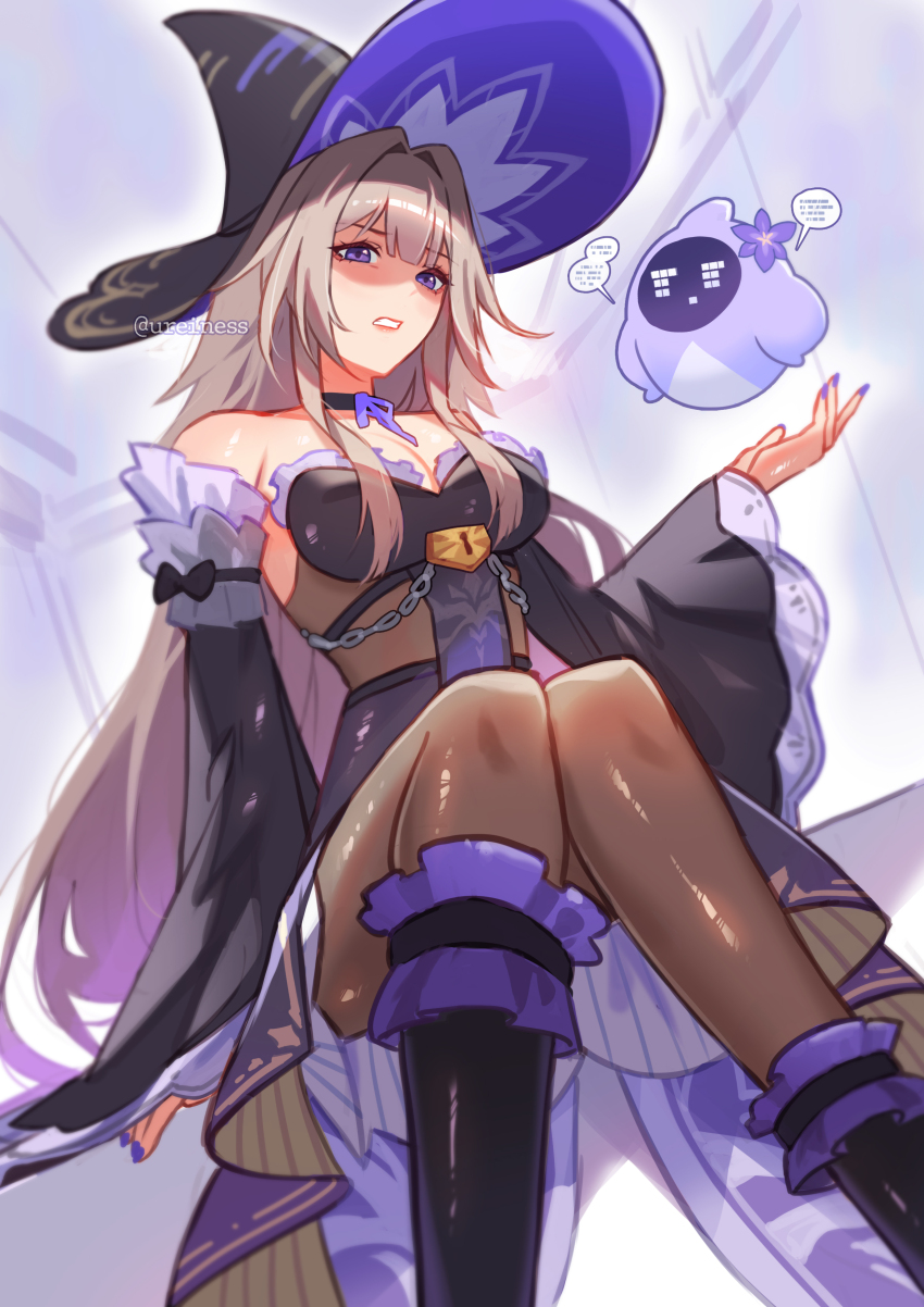 1girl absurdres aged_up artist_name bare_shoulders black_choker breasts brown_hair choker cleavage commentary detached_sleeves disgust english_commentary familiar hat herta_(honkai:_star_rail) herta_(simulated_universe_avatar)_(honkai:_star_rail) the_herta_(honkai:_star_rail) highres honkai:_star_rail honkai_(series) long_hair long_sleeves looking_at_viewer looking_down medium_breasts nail_polish pantyhose pointy_hat purple_eyes purple_hat purple_nails reiness_(ureiness) shaded_face solo speech_bubble watermark witch_hat