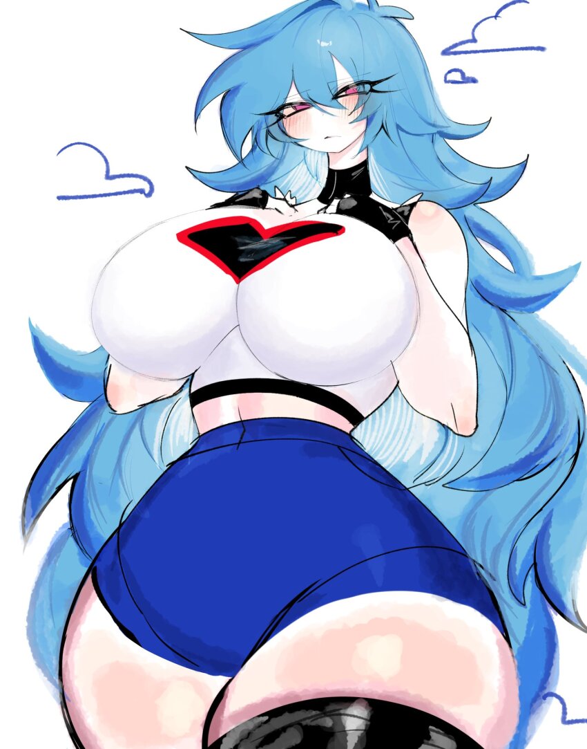 blue_hair blush breasts friday_night_funkin&#039; hand_on_own_chest highres huge_breasts long_hair looking_at_viewer midriff navel pink_eyes shorts sky_(friday_night_funkin&#039;) thick_thighs thighhighs thighs usa37107692 very_long_hair wide_hips zettai_ryouiki