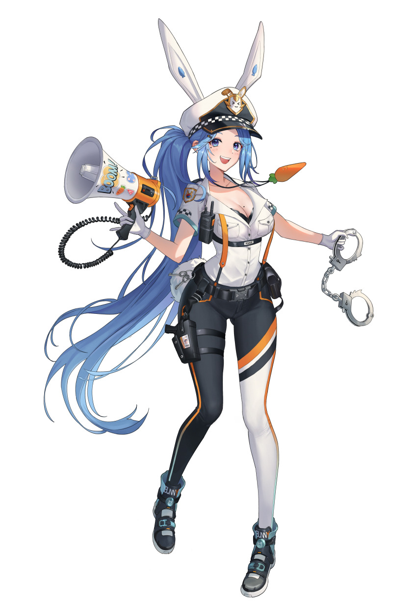 1girl absurdres animal_ears belt belt_pouch black_belt black_bra black_pants black_shoes blue_eyes blue_hair bra bra_peek breast_pocket breasts buckle carrot cleavage cleavage_cutout clothing_cutout collared_shirt commentary_request cuffs dress_shirt floating_hair full_body gloves gluteal_fold gun hair_ornament hairclip handcuffs handgun hat high_tops highres holding holding_handcuffs holding_megaphone holster holstered key kurimui2 large_breasts light_blush long_hair looking_at_viewer megaphone mole mole_on_breast mole_under_eye multicolored_pants open_mouth orange_pants original pants partially_unbuttoned peaked_cap pocket police police_hat police_uniform policewoman ponytail pouch rabbit_ears rabbit_girl rabbit_tail shirt shirt_tucked_in shoes short_sleeves simple_background smile snap-fit_buckle sneakers solo sticker suspenders tail teeth thigh_holster thigh_strap tight_clothes tight_pants tongue tongue_out underbust underwear upper_teeth_only very_long_hair walkie-talkie weapon white_background white_gloves white_hat white_pants white_shirt