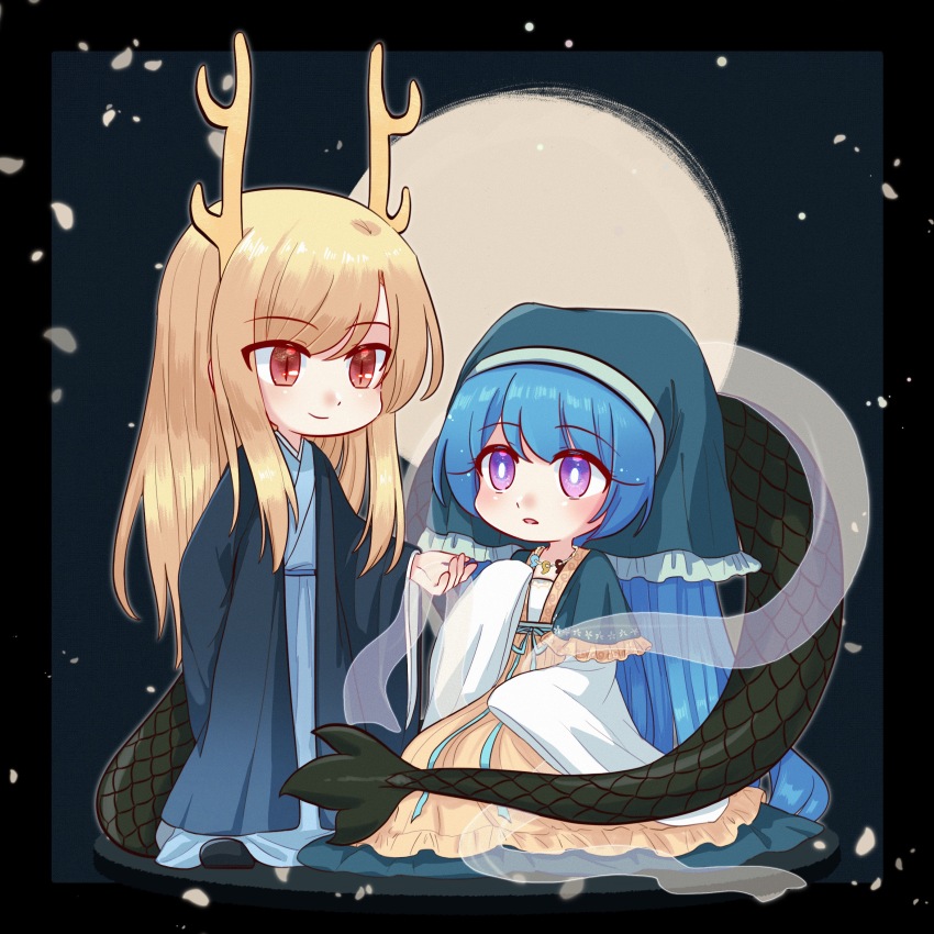 2girls absurdres adapted_costume alternate_hair_length alternate_hairstyle aqua_capelet aqua_headwear blonde_hair blue_hair blue_headscarf blue_kimono blue_ribbon blush bright_pupils capelet chibi chinese_commentary closed_mouth commentary_request dress frilled_capelet frilled_headwear frills haniyasushin_keiki headscarf highres japanese_clothes kicchou_yachie kimono long_hair long_sleeves mask_(boring_mask) multiple_girls open_mouth purple_eyes red_eyes ribbon sleeves_past_fingers sleeves_past_wrists smile touhou white_pupils wide_sleeves yellow_dress