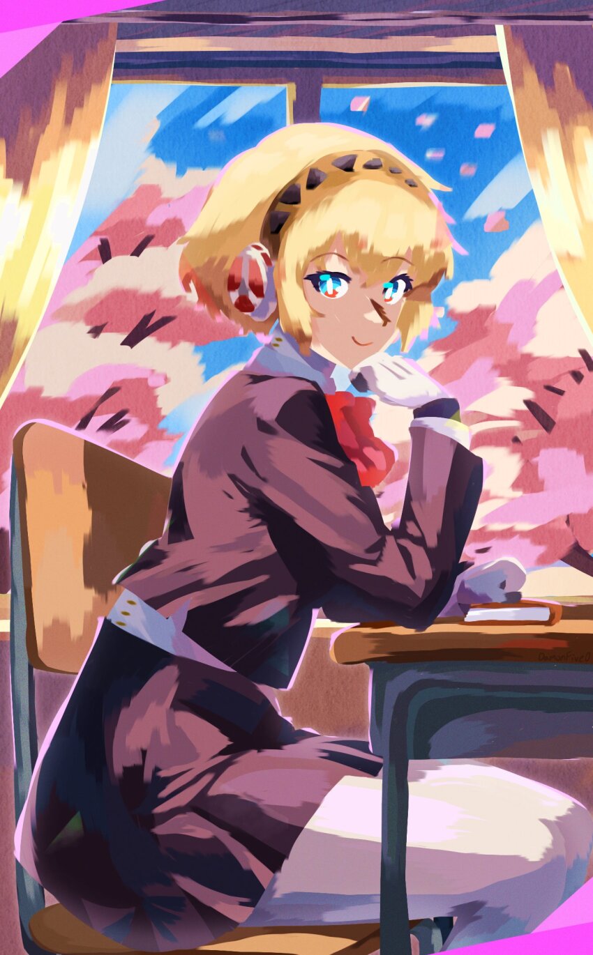 1girl aigis_(persona) blonde_hair blue_eyes cherry_blossoms damonfive0 desk gekkoukan_high_school_uniform highres persona persona_3 petals school_uniform short_hair sitting sky solo youkoso_jitsuryoku_shijou_shugi_no_kyoushitsu_e