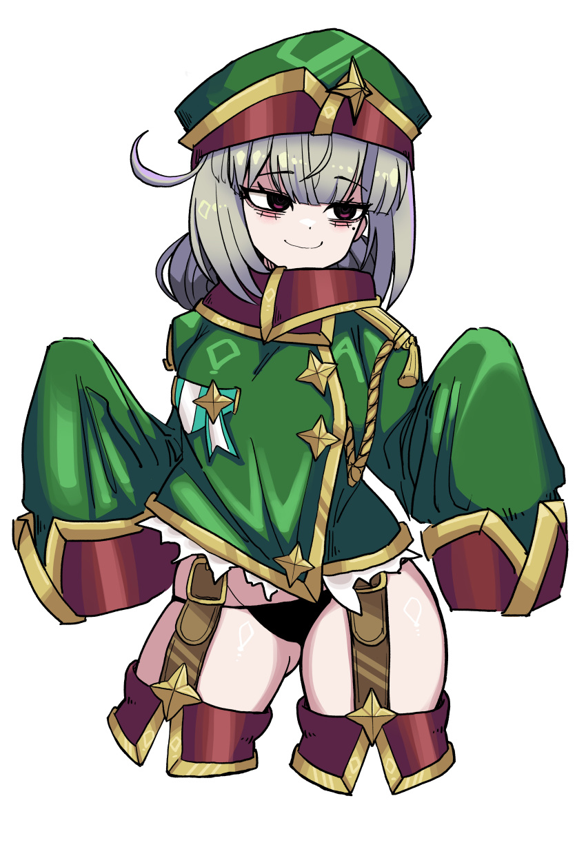 1girl absurdres ahoge araga_kiwi black_panties brown_garter_straps coat commentary cropped_legs green_hat green_jacket grey_hair hair_bun hands_up hat hat_ornament highres jacket koshou_shou_mitsu leoparde_(mahou_shoujo_ni_akogarete) long_sleeves lowleg lowleg_panties mahou_shoujo_ni_akogarete military_coat mole mole_under_eye panties purple_eyes simple_background sleeves_past_fingers sleeves_past_wrists smile solo star_(symbol) star_hat_ornament underwear white_background