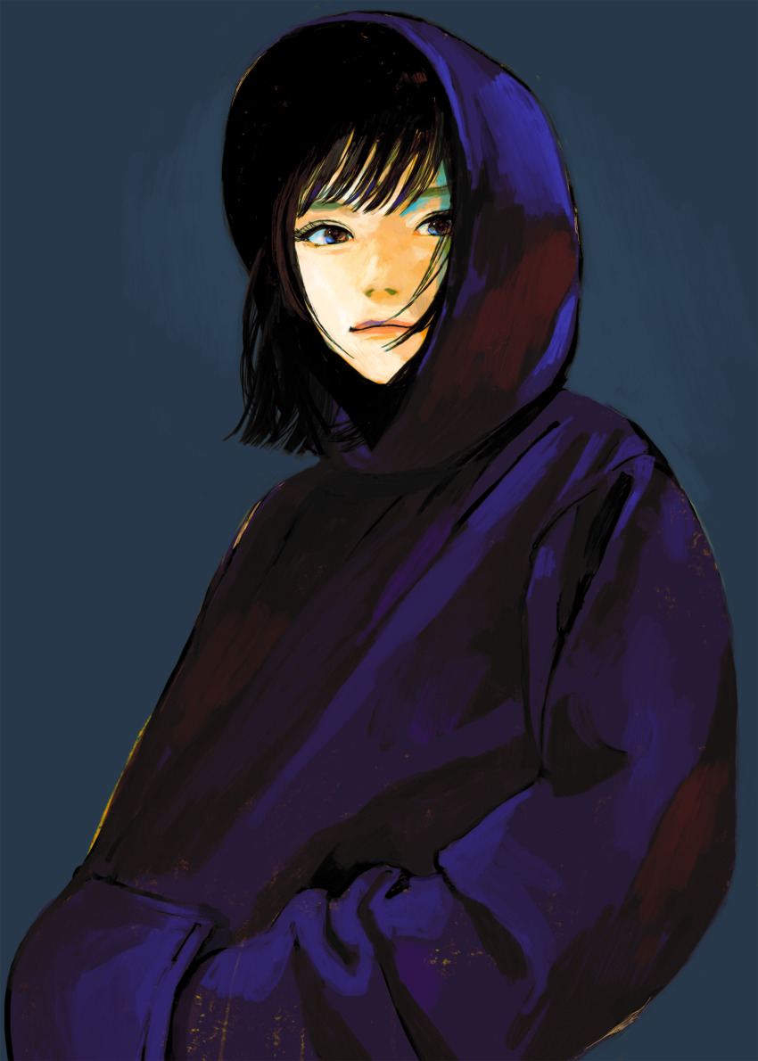 1girl absurdres black_hair blue_background from_side hair_strand hands_in_pockets highres hood hood_up hoodie junjunforever looking_at_viewer medium_hair multicolored_eyes original smile solo upper_body