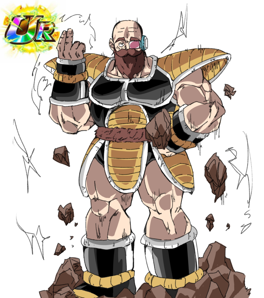 1boy beard brown_hair commentary cosplay denken_(sousou_no_frieren) dragon_ball dragon_ball_z_dokkan_battle facial_hair hand_on_own_hip hand_up highres looking_at_viewer muscular muscular_male mustache nappa nappa_(cosplay) perutore rock saiyan_armor scouter sketch solo sousou_no_frieren white_background