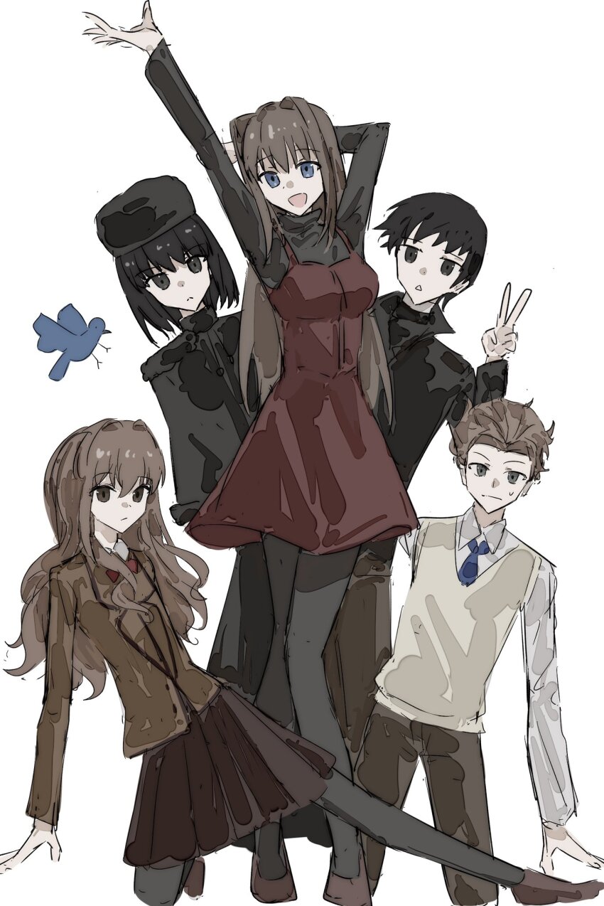 2boys 3girls animal aozaki_aoko arm_up bird black_dress black_eyes black_hair black_hat black_jacket black_leggings blazer blue_bird blue_eyes blue_necktie bow bowtie brown_hair brown_jacket brown_pants brown_skirt dress fur_collar fur_hat fur_trim hair_intakes hat highres jacket kumari_kojika kuonji_alice leggings long_hair long_sleeves looking_at_viewer lost_robin_rondo mahou_tsukai_no_yoru multiple_boys multiple_girls necktie pants private_misaki_high_school_uniform red_bow red_bowtie red_dress school_uniform shirt shizuki_soujuurou short_hair simple_background skirt sweater triangle_mouth tsukiji_tobimaru turtleneck turtleneck_sweater v white_background white_shirt
