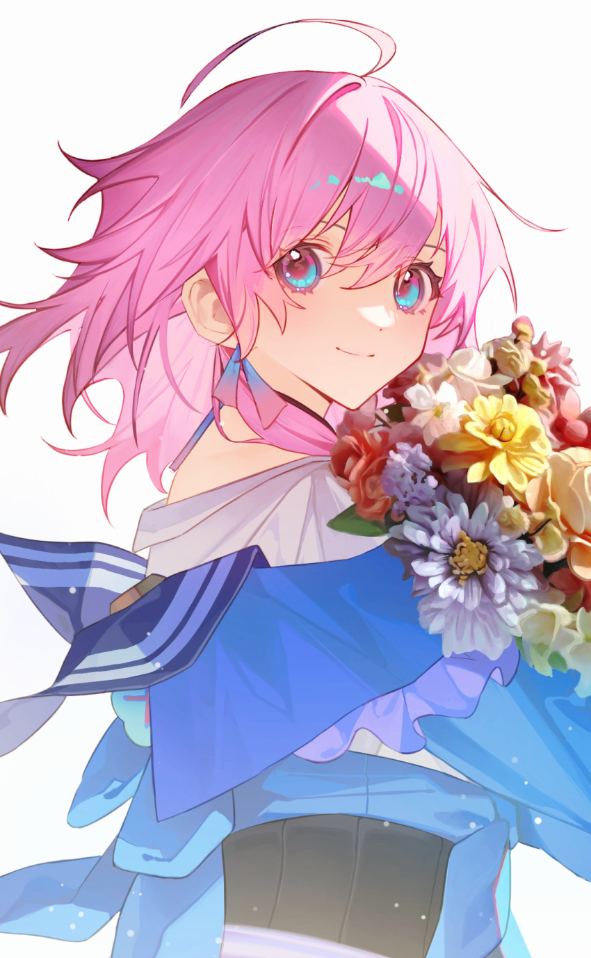 1girl ahoge blue_eyes blue_jacket bouquet closed_mouth commentary earrings flower frills from_side hair_between_eyes highres holding holding_bouquet honkai:_star_rail honkai_(series) jacket jewelry leaf long_sleeves looking_at_viewer march_7th_(honkai:_star_rail) march_7th_(preservation)_(honkai:_star_rail) multicolored_eyes orange_flower pink_eyes pink_flower pink_hair purple_flower red_flower red_rose rose shirt short_hair shotgunman simple_background smile solo standing tied_jacket white_background white_flower white_shirt yellow_flower