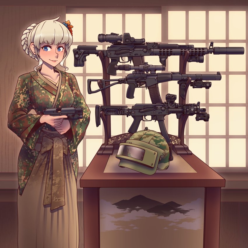 1girl absurdres ak-12 ak-74 ak-74m altyn_helmet ammunition antenna_hair as_val assault_rifle ballistic_face_mask ballistic_face_shield ballistic_helmet blonde_hair blue_eyes braid bullet camouflage closed_mouth combat_helmet gun hair_between_eyes hair_ornament handgun handgun_cartridge hat helmet highres holding holding_gun holding_weapon indoors integral_suppressor integrally-suppressed_firearm japanese_clothes kalashnikov_rifle kimono lipstick long_sleeves makeup military_hat mp-443_grach original pdw-caliber_pistol pistol pistol_cartridge pp-19-01_vityaz rifle smile solo submachine_gun suppressor table toz_(tulsky_oruzheiny_zavod) tsniitochmash tula_arms_plant weapon willy_pete