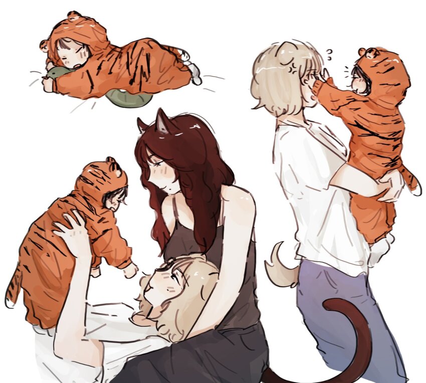3girls aespa anger_vein animal_costume animal_ears animal_print black_pants blue_pants brown_hair brown_tank_top cat_ears cat_girl cat_tail child closed_mouth commentary delusional965 dog_ears dog_girl dog_tail english_commentary flying_sweatdrops grey_hair highres if_they_mated ips_cells k-pop karina_(aespa) kemonomimi_mode long_hair mole mole_under_mouth mother_and_daughter multiple_girls onesie pants real_life shirt short_hair smile tail tank_top tiger_costume tiger_print white_shirt winter_(aespa) yuri