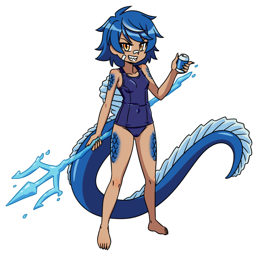 1girl blue_hair can commission commissioner_upload dark-skinned_female dark_skin dinosaur_girl dinosaur_tail drink_can feet fingernails multicolored_hair orange_eyes original otchakun_(artist) polearm robin_injigo school_swimsuit sharp_fingernails sharp_teeth short_hair smile soda_can solo spinosaurus swimsuit tail teeth tomboy trident two-tone_hair water weapon white_hair