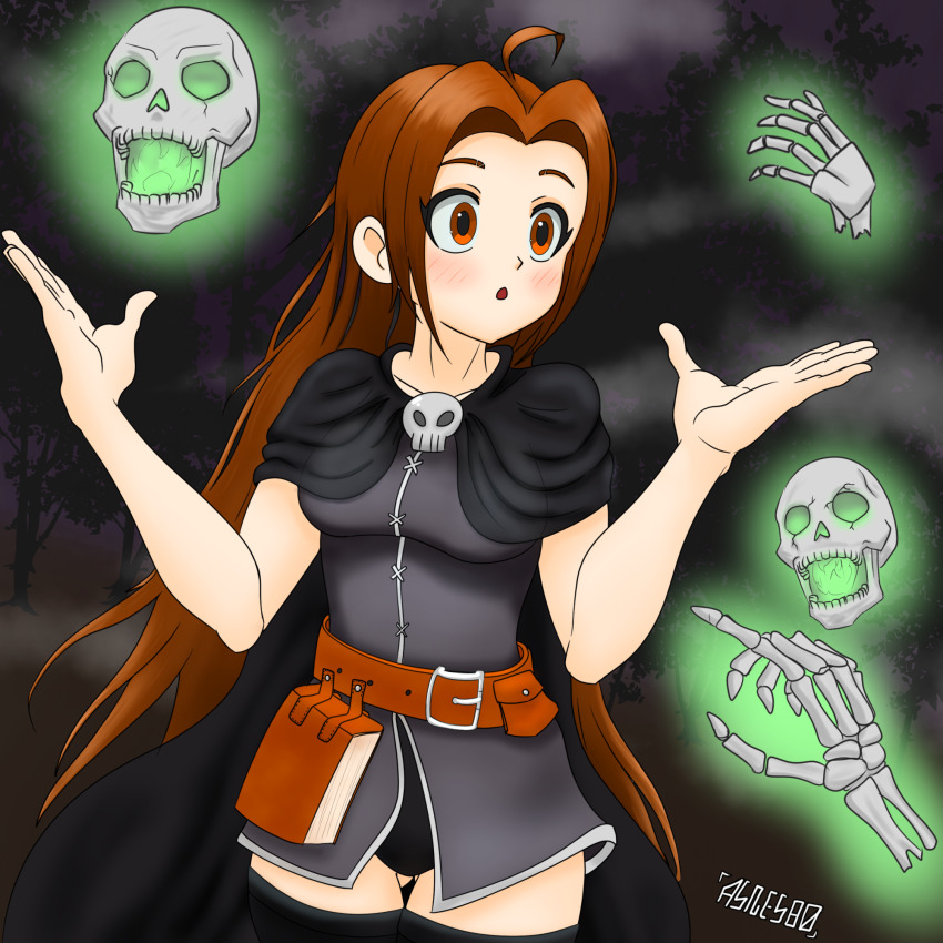 1girl ahoge asnesbo belt black_cape black_leotard black_thighhighs blush book breasts brown_belt brown_eyes brown_hair cape collarbone energy fog forest genderswap genderswap_(mtf) grey_robe highres indie_virtual_youtuber leotard long_hair looking_to_the_side magic medium_breasts nature necromancer night open_mouth robe sarzac skeleton skull standing thighhighs tree