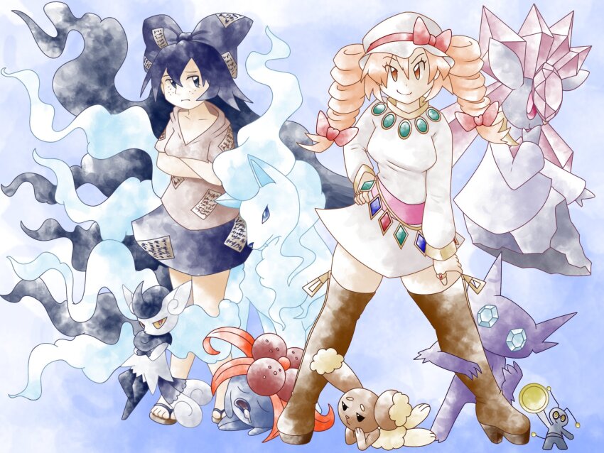 2girls alolan_form alolan_ninetales blue_background blue_bow blue_eyes blue_skirt bow brown_footwear buneary character_request closed_mouth collarbone commentary crossover debt diancie dress drill_hair english_commentary full_body gen_1_pokemon gen_3_pokemon gen_4_pokemon gen_6_pokemon gen_7_pokemon gimmighoul gimmighoul_(roaming) gloom_(pokemon) greatmothsucks hair_bow hand_on_own_hip highres legendary_pokemon multiple_girls mythical_pokemon ninetales nintendo official_alternate_costume orange_eyes orange_hair pokemon pokemon_(creature) sableye siblings sisters skirt sugimori_ken_(style) sunken_fossil_world touhou twin_drills white_dress yorigami_jo&#039;on yorigami_shion