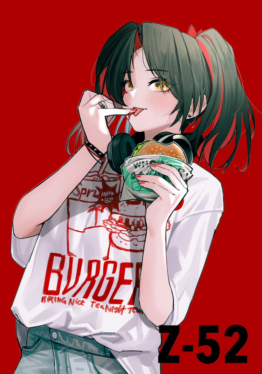 1girl absurdres azur_lane black_hair bracelet burger character_name colored_inner_hair denim ear_piercing eating food food_on_hand hands_up headphones headphones_around_neck highres holding holding_burger holding_food jeans jewelry licking licking_finger light_blush looking_at_viewer multicolored_hair pants parted_bangs piercing red_background red_hair red_nails ring rmflawhdk12345 shirt short_sleeves simple_background solo spiked_bracelet spikes upper_body white_shirt yellow_eyes z52_(azur_lane)