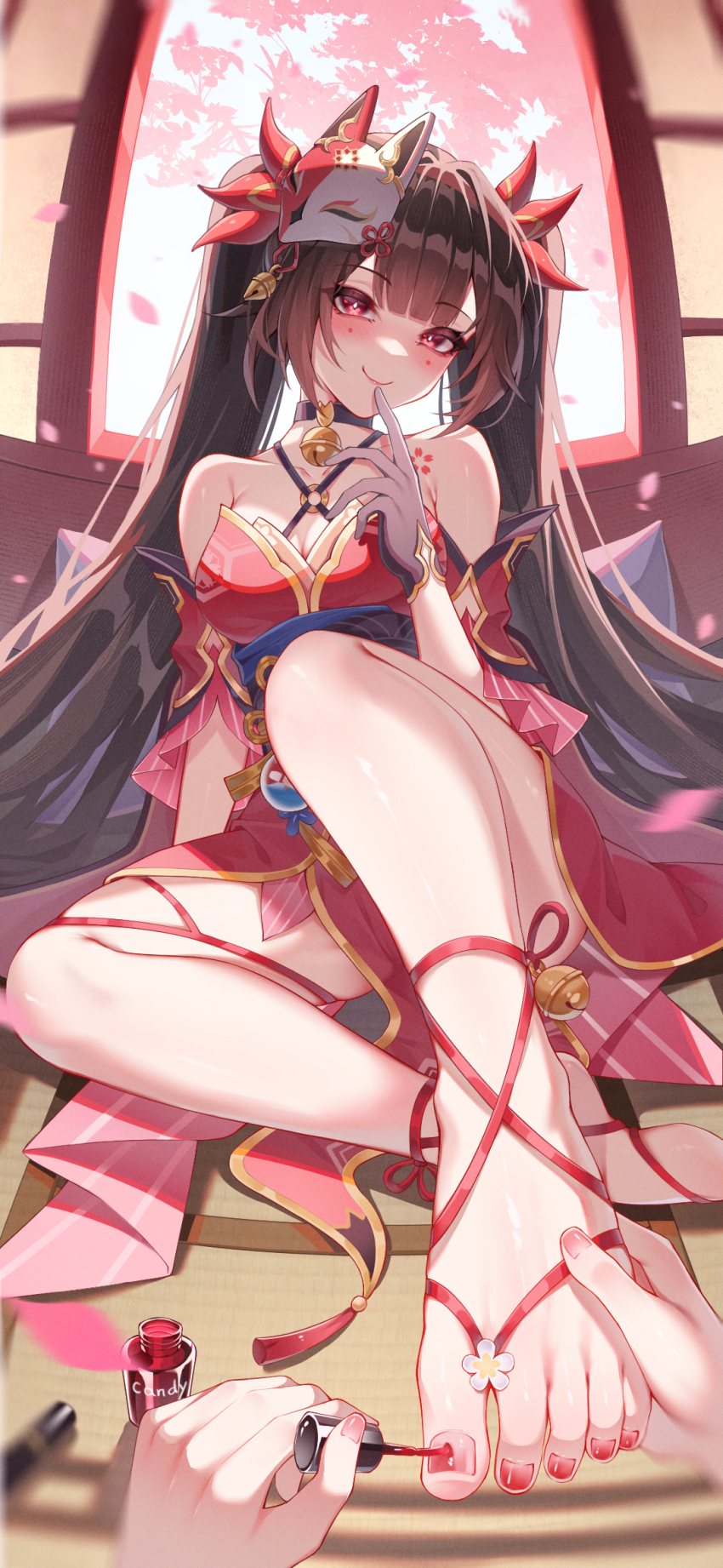 1girl 1other applying_pedicure armpit_crease bare_shoulders barefoot bell black_choker black_gloves black_sash breasts brown_hair choker congyu criss-cross_halter dress finger_to_mouth flower_tattoo fox_mask gloves halterneck highres holding holding_mask honkai:_star_rail honkai_(series) looking_at_viewer mark_under_both_eyes mask mask_on_head mirrored nail_polish neck_bell painting_toenails pink_eyes red_dress red_sleeves sash sitting smile sparkle_(honkai:_star_rail) tattoo toes twintails