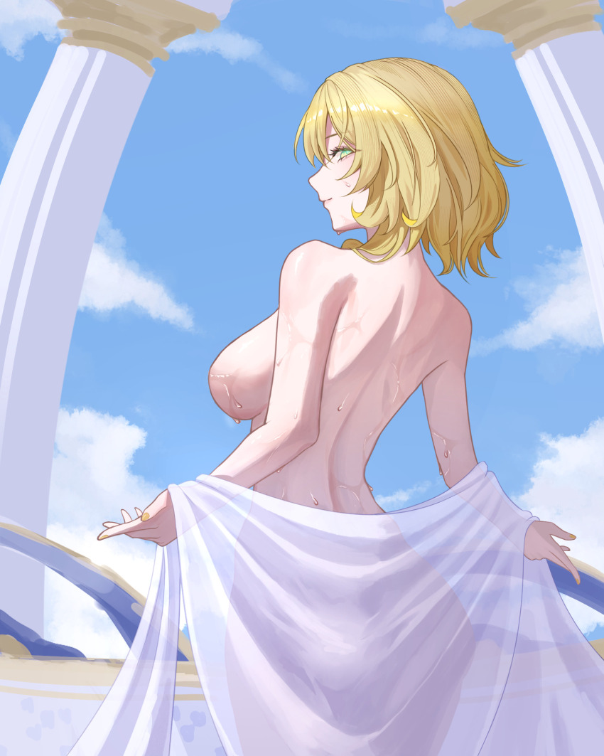 1girl aglaea_(honkai:_star_rail) blonde_hair blue_sky breasts closed_mouth commentary covering_privates day duckntea from_side green_eyes highres honkai:_star_rail honkai_(series) large_breasts light_smile looking_at_viewer looking_back median_furrow nude nude_cover outdoors short_hair shoulder_blades sky solo wet