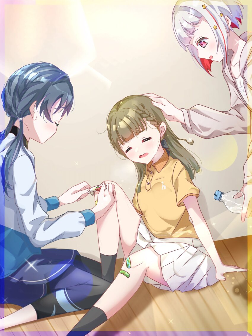 3girls =_= applying_bandaid bandaid bandaid_on_knee bandaid_on_leg black_bodysuit black_socks blue_hair blue_jacket blue_shorts bob_cut bodysuit bodysuit_under_clothes bottle braid brown_hair center-flap_bangs closed_eyes collared_shirt colored_inner_hair commentary dark_blue_hair diagonal_bangs expressive_hair grey_hair grey_jacket hair_ornament headphones highres holding holding_bottle hood hooded_jacket inverted_bob jacket kachimachi_kosuzu kachimachi_kosuzu_(summer_training_wear) knee_up lens_flare link!_like!_love_live! long_hair long_sleeves looking_at_another love_live! low_twintails miniskirt multicolored_hair multicolored_jacket multiple_girls murano_sayaka murano_sayaka_(summer_training_wear) on_floor open_clothes open_jacket open_mouth pink_eyes pleated_skirt polo_shirt red_hair sakari_(pear_8_ll) shirt short_hair short_sleeves shorts side_ahoge side_braids sitting skirt socks star_(symbol) star_hair_ornament straight_hair streaked_hair twintails two-tone_jacket virtual_youtuber water_bottle white_shirt white_skirt wilted_ahoge yellow_shirt yugiri_tsuzuri yugiri_tsuzuri_(summer_training_wear)