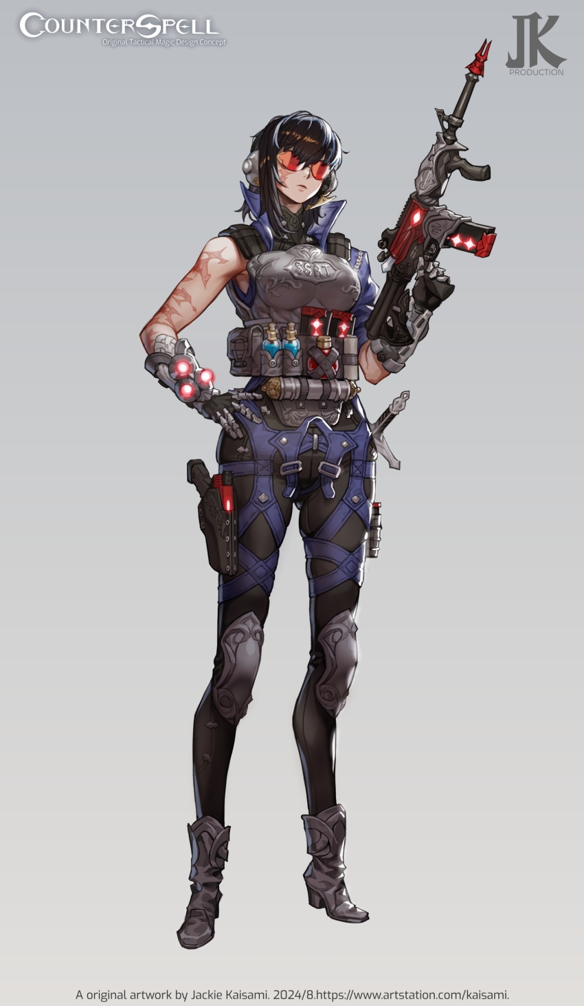 1girl ammunition ammunition_pouch armor assault_rifle asymmetrical_clothes asymmetrical_sleeves black_hair body_armor bottle breasts bullet bulletproof_vest can carbine earmuffs english_text facial_scar fantasy gauntlets gloves glowing glowing_ammunition glowing_bullet glowing_magazine_(weapon) glowing_weapon gun handgun hat holding holding_gun holding_weapon holster knee_pads leg_holster long_hair looking_at_viewer magazine_(weapon) medium_breasts original pistol potion pottsu pouch rifle scabbard scar scar_on_arm scar_on_cheek scar_on_face scroll scroll_tube sheath short_sword simple_background sunglasses sword thigh_holster translated weapon white_background window_magazine