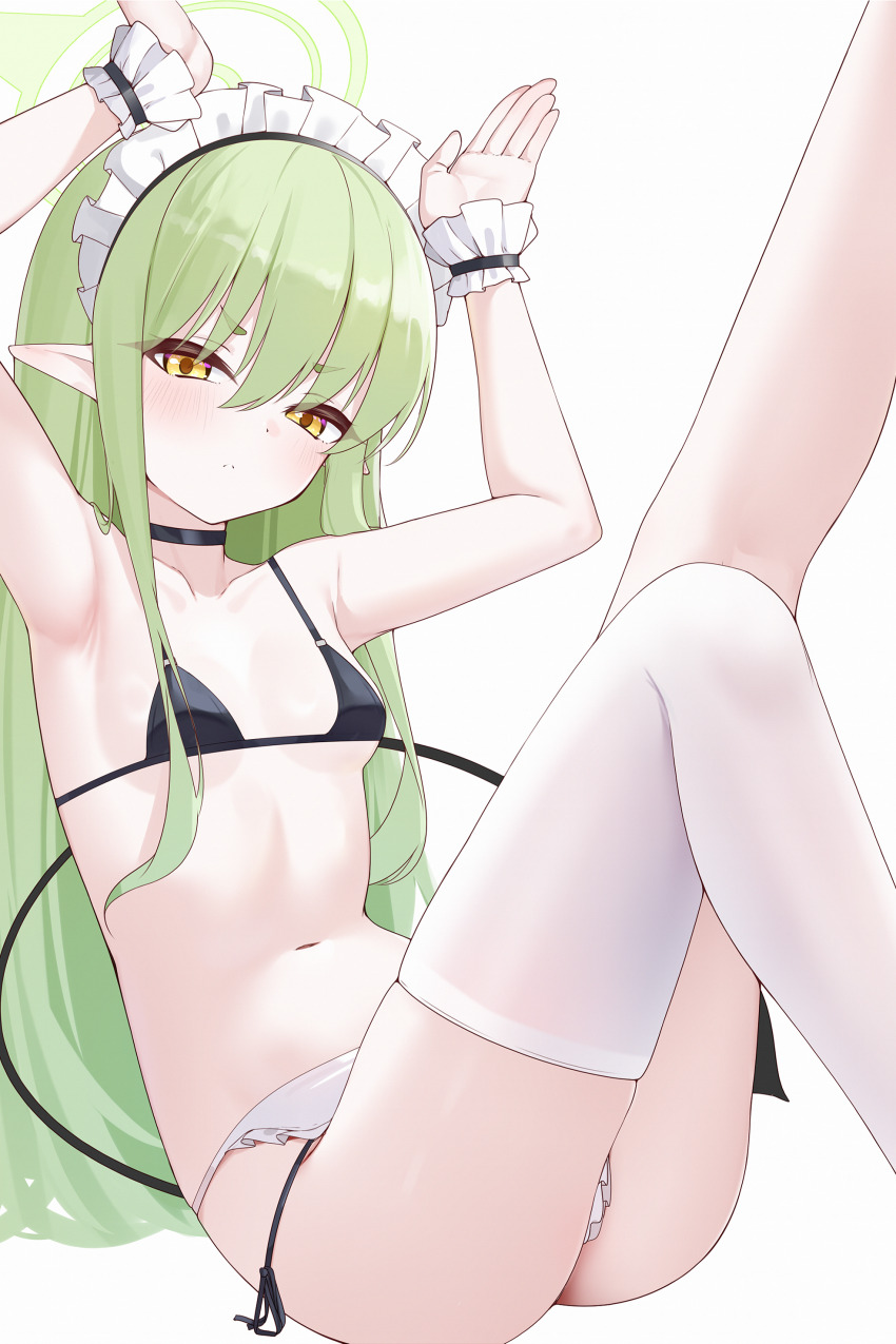 1girl absurdres alternate_costume apron bikini black_bikini blue_archive breasts enmaided feet_out_of_frame green_hair green_halo halo highres hikari_(blue_archive) legs_up loli long_hair looking_at_viewer maid maid_apron maid_bikini maid_headdress navel pointy_ears sitting small_breasts swimsuit thighhighs unconventional_maid white_apron wrist_cuffs yellow_eyes zerotwenty_(020)