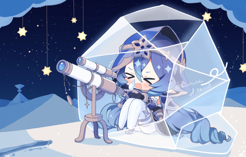 &gt;_&lt; 1girl :o black_dress black_gloves black_sleeves blue_hair blue_hood blush bracelet chibi closed_eyes cloud cold commentary desert detached_sleeves diadem dress drill_hair drill_sidelocks frozen genshin_impact gloves gold_footwear gold_trim hoshiusagi_no_chloe jewelry knees_up layla_(genshin_impact) long_hair mobile multicolored_hair neck_ring night night_sky on_ground open_mouth pantyhose pointy_ears pyramid_(structure) runny_nose sand_dune sidelocks sitting sky snot solo star_(sky) star_(symbol) starry_sky strapless strapless_dress telescope thighlet trembling twintails twitter_username two-tone_hair v-shaped_eyebrows very_long_hair visible_air wavy_mouth white_pantyhose