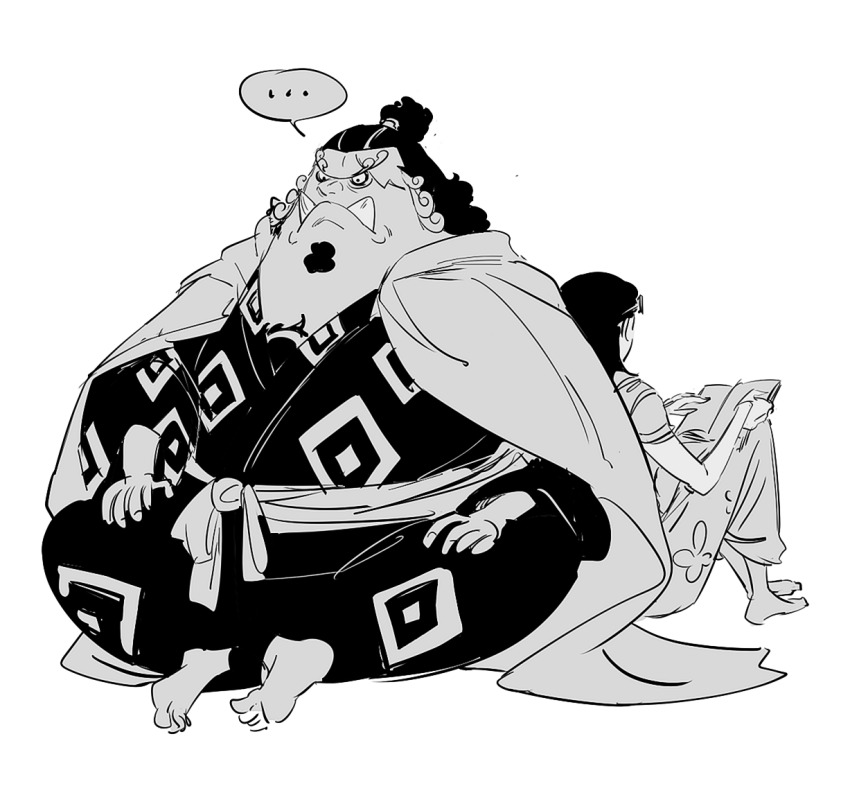 ... 1boy 1girl 6cheetah back-to-back barefoot black_hair book cape chest_tattoo crossed_ankles curly_eyebrows curly_hair diamond_print eyewear_on_head facial_hair fish_boy floral_print glasses goatee greyscale hands_on_own_knees holding holding_book japanese_clothes jinbe_(one_piece) kimono looking_ahead monochrome monster_boy nico_robin one_piece oni reading sarong sash simple_background sitting sketch speech_bubble sun_symbol sun_tattoo tan tattoo topknot tusks white_background