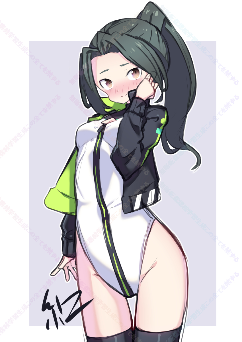 1girl absurdres alice_gear_aegis ben1shoga black_hair black_jacket black_thighhighs border brown_eyes circle_cutout cleavage_cutout clothing_cutout commentary_request companion/af covered_collarbone front_zipper full-length_zipper grey_background heattech_leotard highleg highleg_leotard highres jacket leotard long_hair multicolored_leotard outside_border ponytail race_queen sleeveless_turtleneck_leotard solo thigh_gap thighhighs turtleneck two-tone_background two-tone_leotard watermark watermark_grid white_border white_leotard yamano_kaoruko zipper zipper_leotard zipper_pull_tab