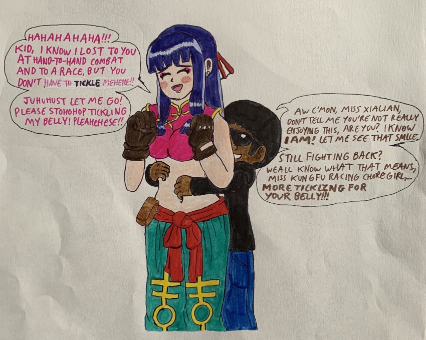 1girl appare-ranman! artist_self-insert blue_hair breasts crop_top highres jing_xia_lian large_breasts midriff mysteryart901 navel tickling tickling_stomach traditional_media
