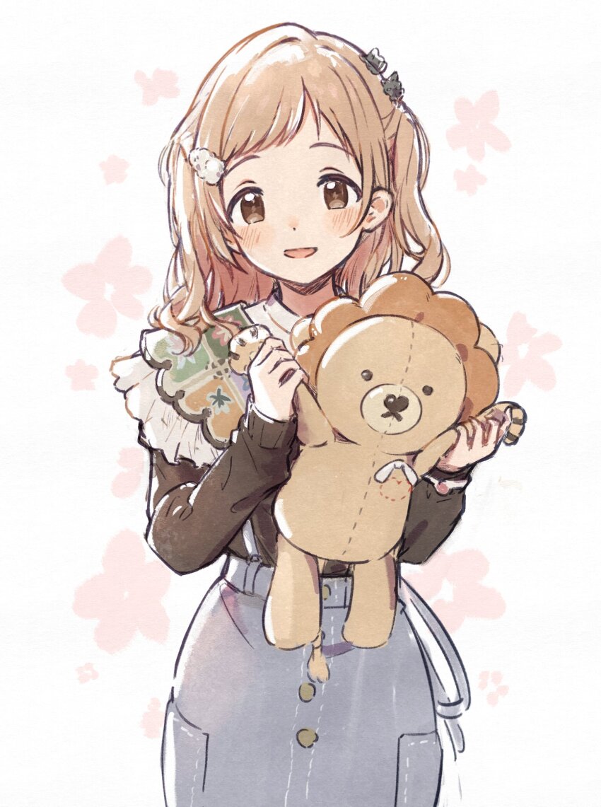 1girl black_sweater brown_eyes brown_hair cowboy_shot denim denim_skirt flower frills hageringo highres idolmaster idolmaster_shiny_colors light_brown_hair looking_at_viewer medium_hair sakuragi_mano skirt smile solo stuffed_animal stuffed_lion stuffed_toy suspender_skirt suspenders sweater white_background