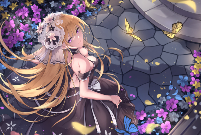 1girl backless_dress backless_outfit bare_shoulders black_dress blonde_hair blue_flower bug butt_crack butterfly dress floating_hair flower from_above fuuro_(johnsonwade) hair_flower hair_ornament insect long_dress long_hair looking_at_viewer original pink_flower purple_eyes sett sleeveless sleeveless_dress smile solo spaghetti_strap standing very_long_hair