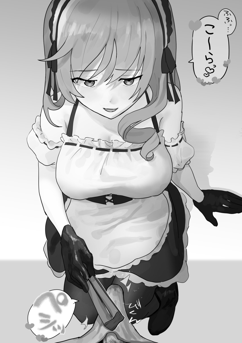 1boy 1girl 5_nan_(5nan_5nan) absurdres apron breasts bulge erection erection_under_clothes female_focus girls_und_panzer gloves hand_fan hetero highres holding holding_fan large_breasts looking_at_viewer maid maid_apron maid_headdress mature_female monochrome open_mouth penis penis_peek pov precum precum_through_clothes pubic_hair pubic_hair_peek shimada_chiyo