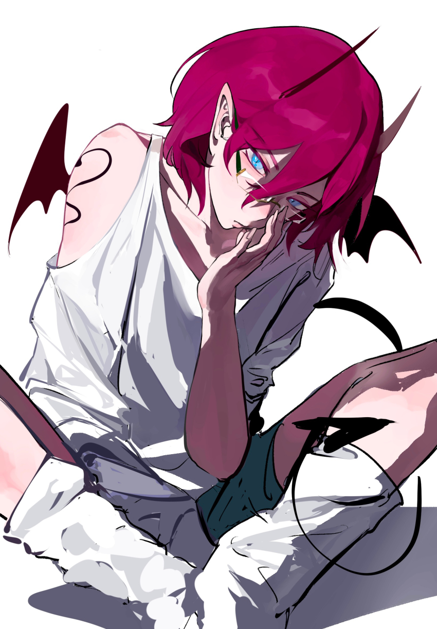 1boy adjusting_eyewear alternate_species arm_tattoo bat_wings black_horns black_tail black_wings blue_eyes bob_cut butterfly_sitting closed_mouth clothing_cutout demon_boy demon_horns demon_tail demon_wings double-parted_bangs ensemble_stars! expressionless geetasdog glasses green_shorts hair_between_eyes highres horns leaning_to_the_side long_sleeves looking_at_viewer loose_socks male_focus mini_wings no_shoes pointy_ears rectangular_eyewear red_hair saegusa_ibara shade shadow shirt shorts shoulder_cutout simple_background sitting socks solo tail tattoo white_background white_shirt white_socks wings