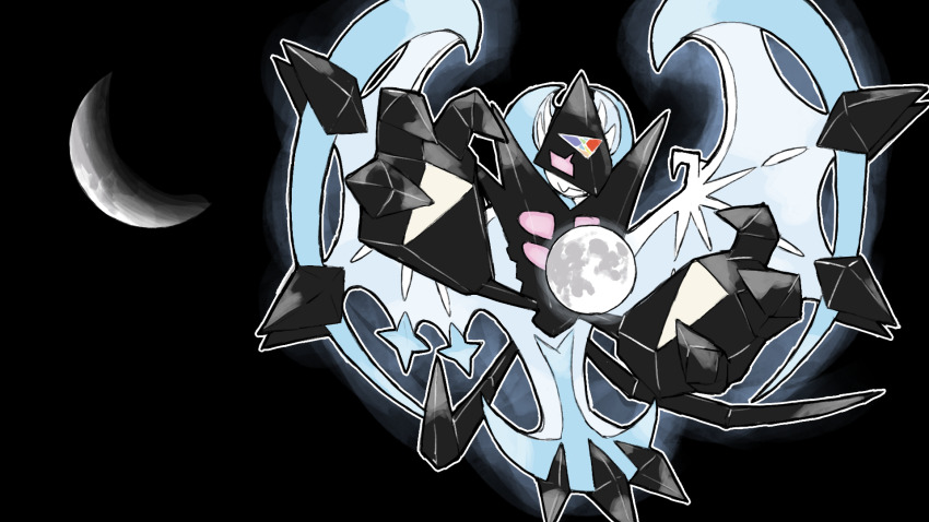 alternate_form animal_focus black_background blacknirrow closed_mouth crescent_moon fang full_moon gen_7_pokemon glowing highres legendary_pokemon moon necrozma necrozma_(dawn_wings) nintendo no_humans outline pokemon pokemon_(creature) pokemon_focus prism red_eyes simple_background skin_fang solo white_outline