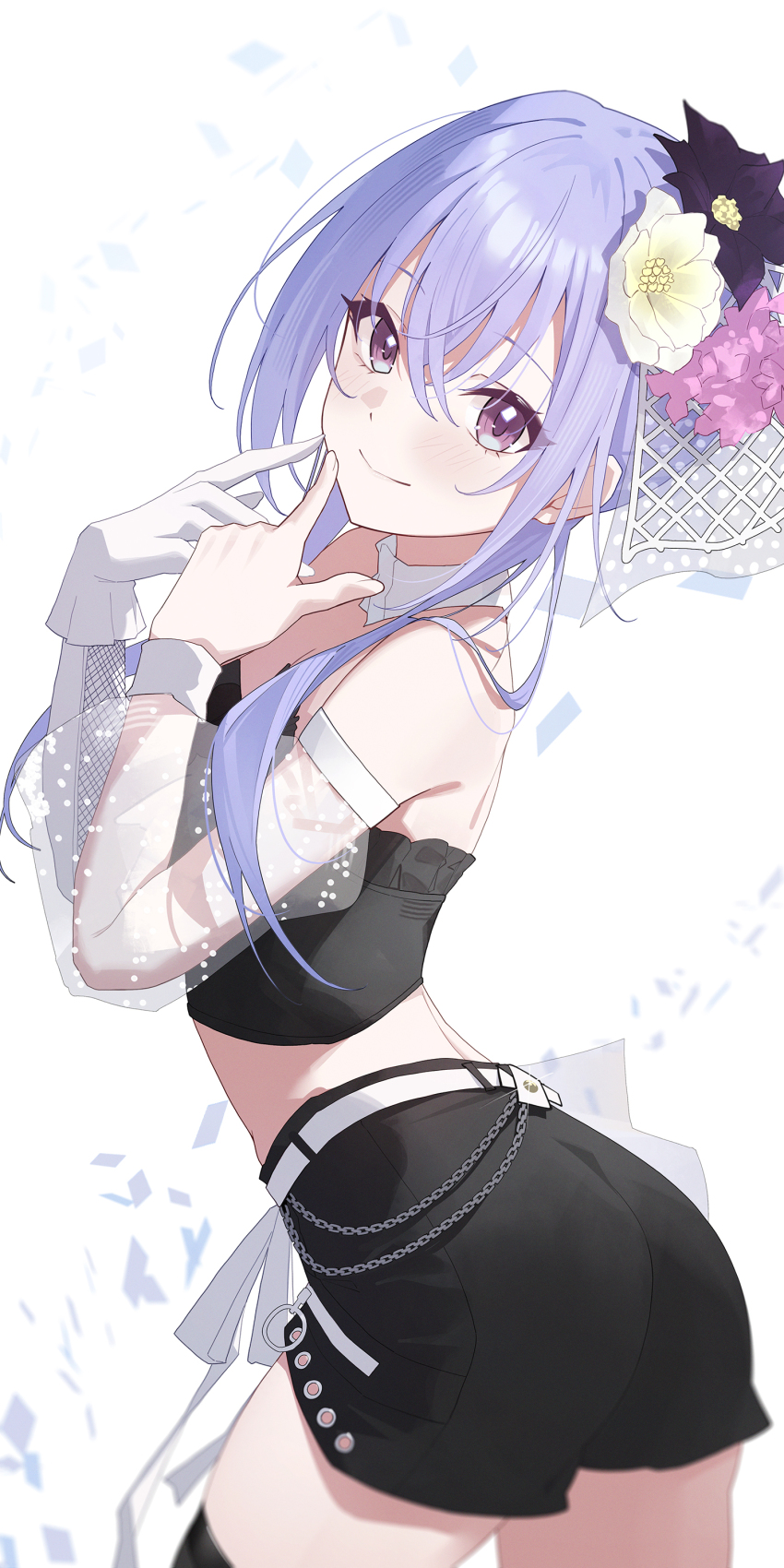 1girl absurdres ass bare_shoulders belt black_shirt black_shorts closed_mouth cowboy_shot crop_top detached_collar detached_sleeves flower gloves hair_flower hair_ornament hands_up highres idolmaster idolmaster_shiny_colors long_hair long_sleeves looking_at_viewer midriff purple_eyes purple_hair see-through_clothes see-through_sleeves shirt short_shorts shorts simple_background single_glove smile solo sukaliya suzuki_hana white_background