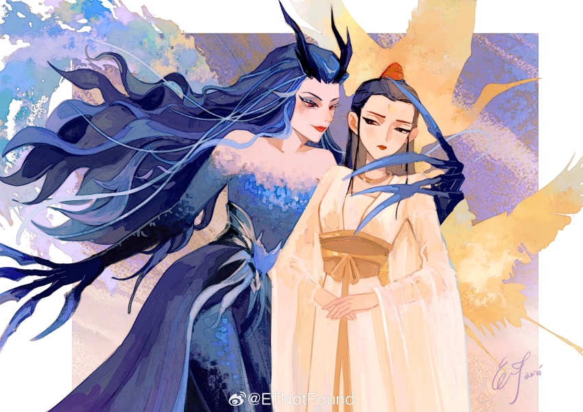 2girls absurdres ao_run_(nezha_zhi_motong_jiangshi) black_hair blue_dress blue_hair blush breasts chinese_clothes dragon_girl dragon_horns dress hetong_(nezha_zhi_motong_jiangshi) highres horns medium_breasts multiple_girls nezha_zhi_motong_jiangshi red_eyes weibo_5329299389 yuri