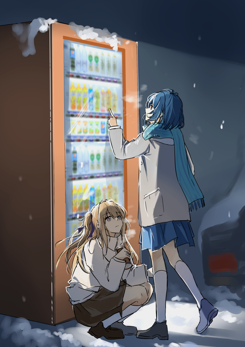 2girls absurdres blonde_hair blue_hair blue_scarf blue_shoes blue_skirt breath brown_shoes can chinese_commentary closed_mouth cold commentary_request dark_skin expressionless full_body grey_jacket hair_ribbon highres holding holding_can jacket kl.star kneehighs long_hair long_sleeves looking_at_another looking_at_object looking_up miyagi_shiori multiple_girls night one_side_up outdoors pink_eyes pleated_skirt pocket purple_ribbon ribbon scarf sendai_hazuki shirt shoes short_hair shuuniichido_classmate_wo_kau_hanashi skirt snow socks squatting standing steaming_food vending_machine white_shirt white_socks winter