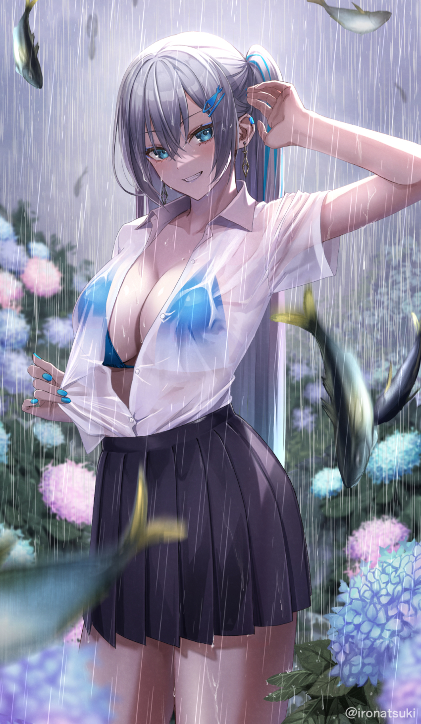 1girl arm_up bikini bikini_under_clothes black_skirt blue_bikini blue_eyes blue_nails breasts cleavage cowboy_shot earrings fish fish_hair_ornament flower flower_request grey_hair grin hair_between_eyes hair_ornament hairclip highres ironatsuki jewelry large_breasts long_hair multicolored_hair nail_polish original outdoors partially_unbuttoned pleated_skirt ponytail rain sardine school_uniform see-through_clothes see-through_shirt shirt shirt_tucked_in short_sleeves skirt smile solo straight_hair streaked_hair swimsuit thighs twitter_username two-tone_hair very_long_hair water wet wet_clothes white_shirt
