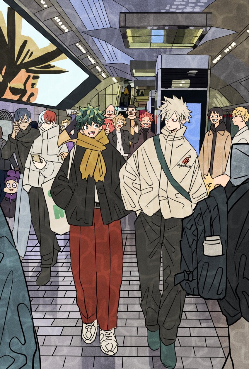 6+boys all_might aoyama_yuga bakugou_katsuki blonde_hair boku_no_hero_academia commentary covered_mouth eye_contact freckles full_body glasses green_hair hands_in_pockets highres holding holding_phone iida_tenya kaminari_denki kirishima_eijiro koda_koji looking_at_another male_focus midoriya_izuku mineta_minoru multiple_boys ojiro_mashirao pants phone red_hair red_pants sato_rikido scarf sero_hanta shoji_mezo short_hair smile spiked_hair takeuchi_ryousuke talking todoroki_shoto white_hair