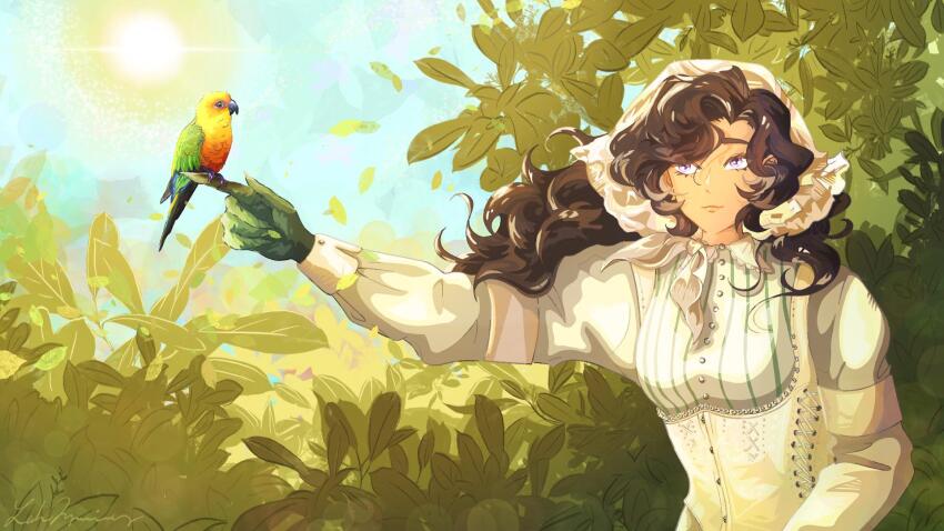 1girl anjo_nala bird bird_on_hand brown_hair doodletavern dress highres outstretched_arm parrot purple_eyes reverse:1999 smile solo sun tree white_dress white_headdress