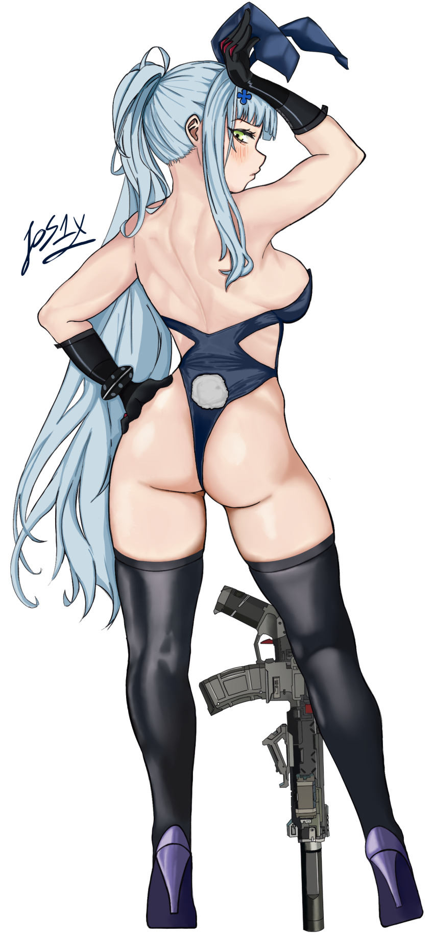 1girl absurdres alpha_transparency alternate_costume animal_ears artist_name ass assault_rifle back backless_leotard bare_shoulders black_gloves black_thighhighs blue_hair blush breasts closed_mouth commentary fake_animal_ears fake_tail fos1x from_behind girls&#039;_frontline girls&#039;_frontline_2:_exilium gloves green_eyes gun h&amp;k_hk416 hand_on_own_hip high_heels highres hk416_(girls&#039;_frontline) klukai_(girls&#039;_frontline_2) leotard long_hair looking_at_viewer looking_back mixed-language_commentary playboy_bunny ponytail purple_shoes rabbit_ears rabbit_tail rifle shoes sidelocks skindentation solo standing tail thighhighs transparent_background weapon