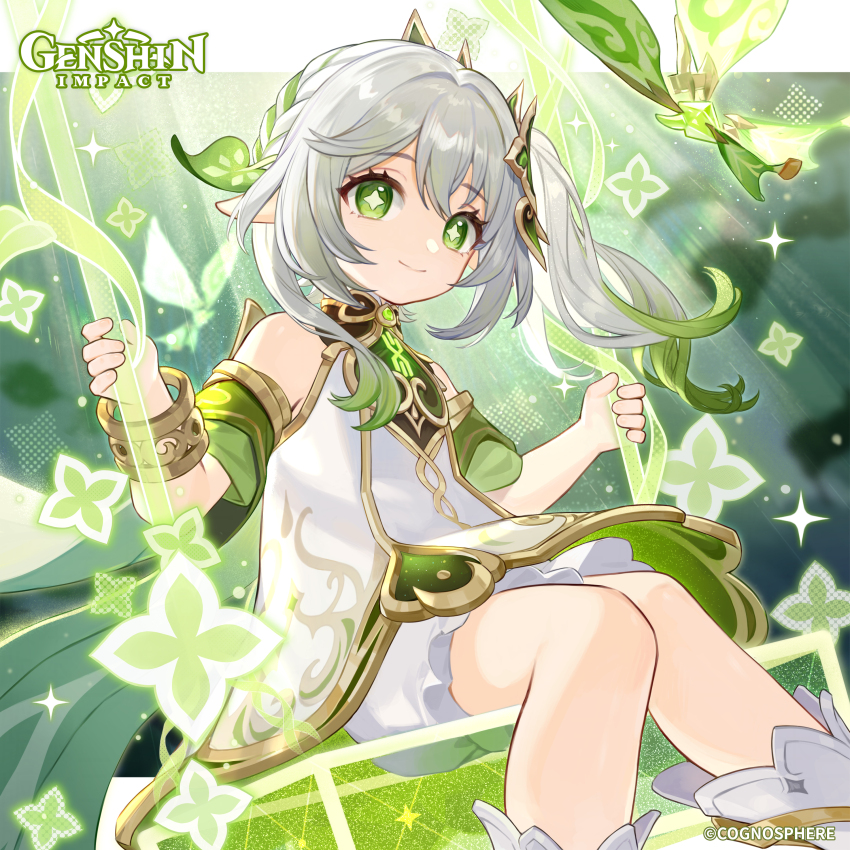 0_0 1girl absurdres bare_shoulders bloomers closed_mouth commentary copyright_name copyright_notice dress english_commentary feet_out_of_frame genshin_impact green_eyes green_hair grey_hair hair_between_eyes highres knees_together_feet_apart looking_at_viewer multicolored_hair nahida_(genshin_impact) official_art on_swing sitting sleeveless sleeveless_dress smile solo swing two-tone_hair underwear white_bloomers white_dress