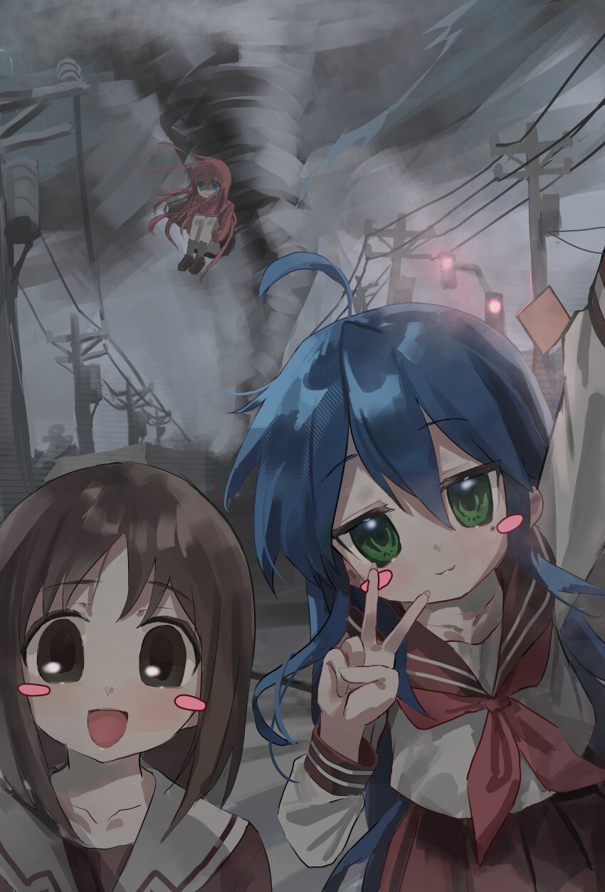 3girls :3 :d absurdres ahoge aqua_eyes arm_up azumanga_daioh&#039;s_school_uniform azumanga_daiou black_skirt blue_hair blush blush_stickers bocchi_the_rock! brown_eyes brown_footwear brown_hair closed_mouth cloud cloudy_sky collarbone commentary cowboy_shot crossover floating floating_hair frown full_body gotoh_hitori green_eyes grey_sky hair_between_eyes highres hugging_own_legs izumi_konata jacket jitome kagana_helsuki kasuga_ayumu loafers long_hair long_sleeves lucky_star medium_hair messy_hair mole mole_under_eye multiple_girls neckerchief open_mouth outdoors pink_hair pink_jacket pink_neckerchief pink_sailor_collar pink_shirt pink_skirt pink_trim pleated_skirt power_lines road road_sign sailor_collar school_uniform selfie serafuku shirt shoes sign skirt sky smile storm tornado track_jacket traffic_light transformer upper_body utility_pole v very_long_hair white_sailor_collar wind winter_uniform