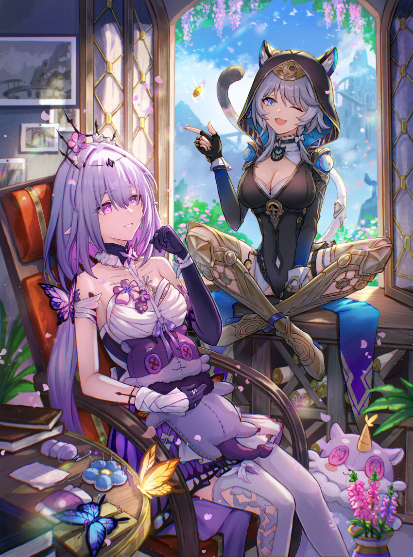 2girls absurdres animal_ear_fluff animal_ears asymmetrical_gloves asymmetrical_legwear bare_shoulders black_gloves black_hood black_tiara blue_eyes book book_stack boots breasts butterfly_ornament castorice_(honkai:_star_rail) cat_ears cat_girl cat_tail chain chair cipher_(honkai:_star_rail) cleavage coin commentary_request crossed_ankles day dress ears_through_hood elbow_gloves fang fingerless_gloves fingernails gloves gold_boots gold_coin grey_hair hand_up highres holding holding_stuffed_toy honkai:_star_rail honkai_(series) index_finger_raised indian_style indoors isome large_breasts legwear_cutout long_fingernails long_hair looking_at_another low_twintails mole mole_on_chest multiple_girls on_chair on_windowsill one_eye_closed open_mouth open_window parted_lips photo_(object) pointy_ears purple_eyes purple_gloves purple_hair scroll short_hair_with_long_locks single_elbow_glove single_leg_pantyhose single_thighhigh sitting skin_fang smile stuffed_toy tail thighhighs tiara twintails uneven_gloves uneven_legwear very_long_hair white_dress white_thighhighs window