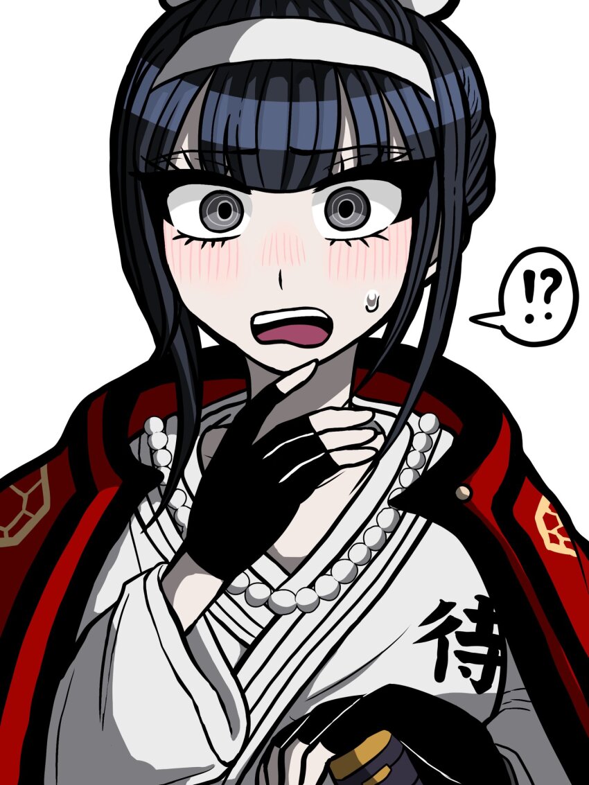 1girl black_hair blush female_focus fingerless_gloves gloves grey_eyes hand_up highres holy_jumonji_sword japanese_clothes jewelry long_hair looking_at_viewer magadori_kyoshika necklace open_mouth pearl_necklace simple_background solo solo_focus sweat sweatdrop teeth the_hundred_line_-last_defense_academy- upper_body upper_teeth_only white_background