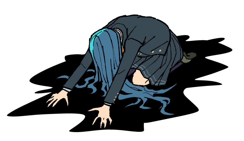 1girl absurdres black_background black_jacket black_skirt black_socks blue_hair brown_shoes danganronpa_(series) danganronpa_v3:_killing_harmony highres jacket kneehighs long_hair long_sleeves open_clothes open_jacket pleated_skirt prostration shirogane_tsumugi shoes simple_background skirt socks solo white_background youko-shima