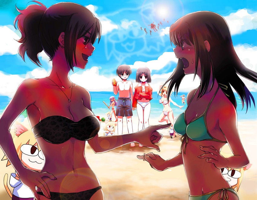 00s absurdres aozaki_touko arcueid_brunestud beach bikini cloud commentary cornelius_alba crossover fate/stay_night fate_(series) front-tie_top fujou_kirie gilgamesh_(fate) highres jacket jewelry kara_no_kyoukai kokutou_azaka kokutou_mikiya lens_flare matou_sakura necklace neco-arc nichiru ryougi_shiki short_hair side-tie_bikini_bottom sky sun swimsuit tsukihime