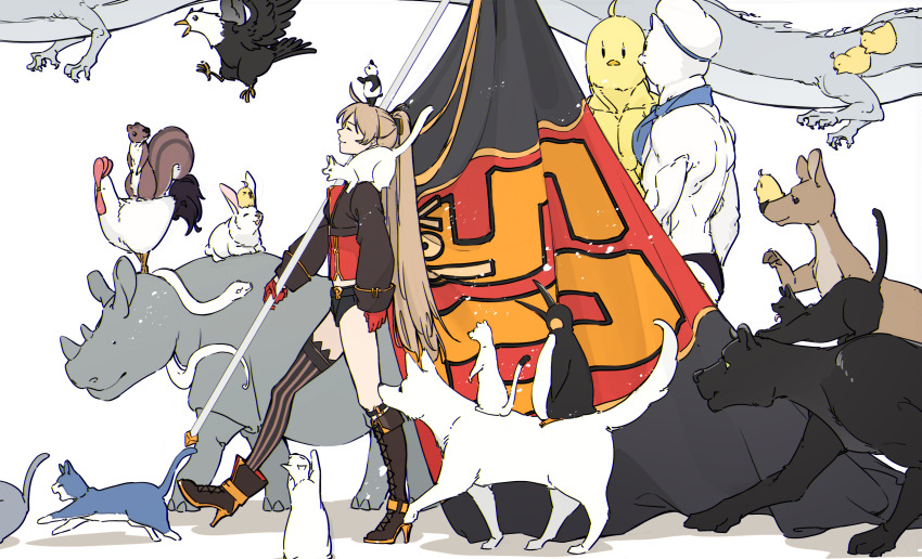 1girl absurdres animal animal_on_head animal_on_shoulder asymmetrical_footwear asymmetrical_legwear azur_lane belt bird bird_on_head bird_on_shoulder black_jacket black_shorts boots brown_hair cat closed_mouth eagle ferret flag gloves half_gloves hatski.sin high_heels high_ponytail highres holding holding_flag jacket jean_bart_(azur_lane) knee_boots long_hair long_sleeves manjuu_(azur_lane) monkey on_head ponytail rabbit red_gloves short_shorts shorts simple_background single_thighhigh squirrel standing striped_clothes striped_thighhighs thighhighs vertical-striped_clothes vertical-striped_thighhighs very_long_hair white_background