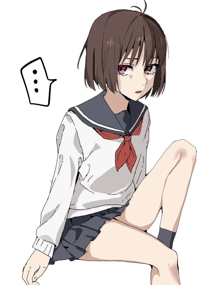 ... 1girl absurdres ahoge black_sailor_collar black_skirt brown_hair commentary_request highres invisible_chair long_sleeves neckerchief open_mouth osanai_yuki pleated_skirt raruraru red_eyes red_neckerchief sailor_collar school_uniform serafuku shirt short_hair shoushimin_series simple_background sitting skirt solo spoken_ellipsis white_background white_shirt